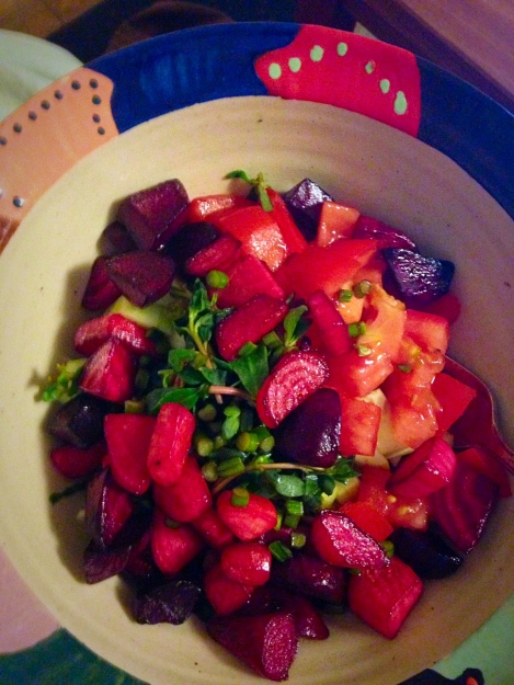 Simple salad with garlic scapes and sauteed beets